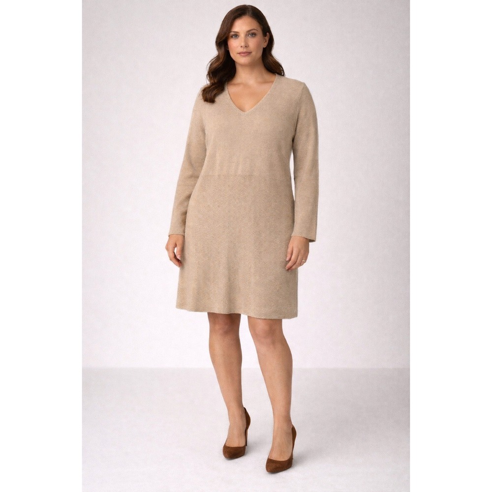 Style‎ & Co Women's V-Neck Sweater Dress Beige Long Sleeve Size Large